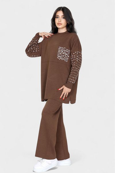 NEWCO Sequin Embroidered Knitwear Set Long Sleeve Loose Top and Wide Leg Pants Set of Two