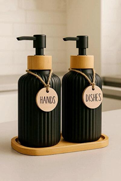 Hands Dishes 2’li Siyah Retro Dekoratif Mutfak Banyo Sıvı Cam Sabunluk Seti 5...