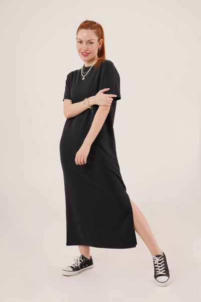 MetuCA Short Sleeve Loose Maxi Black Dress with Slit Detail