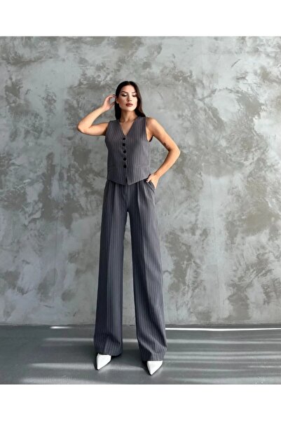 Moda İkra Jacket Vest Palazzo Pants Striped 3-Piece Suit