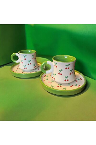 WPAWZ El Boyaması Kabartma Desen 2 Kişilik Vişne Fincan Takımı