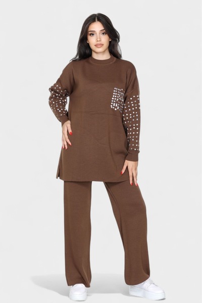 NEWCO Sequin Embroidered Knitwear Set Long Sleeve Loose Top and Wide Leg Pants Set of Two