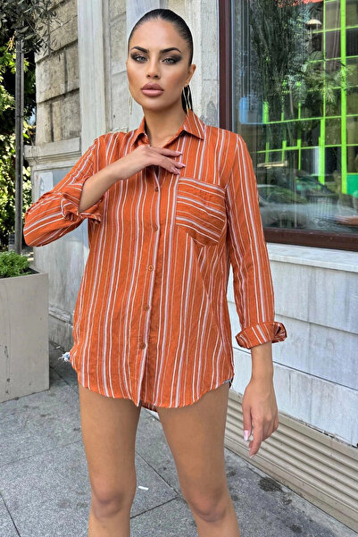 STİLVİA قميص نسائي من القماش المخصص بأكمام طويلة وجيب واحد وخطوط مستقيمة وطوي...