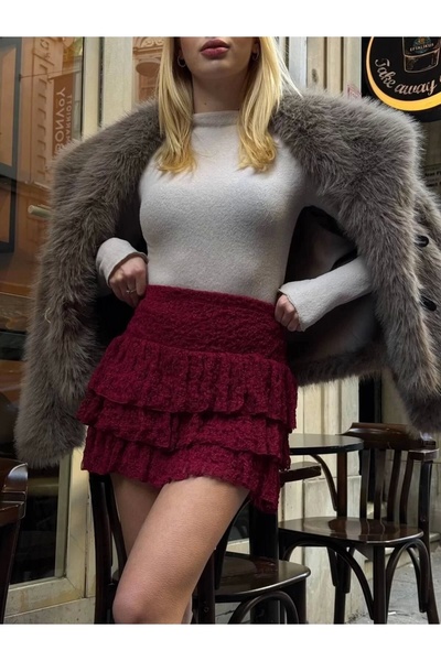 bysoca Kadın Bordo Yüksek Bel Kat Kat Fırfırlı Dantel Detaylı Mini Kısa Günlük Etek