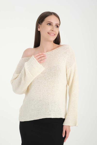 İLKCET MODA Off Shoulder Ecru Oversize Women's Sweater