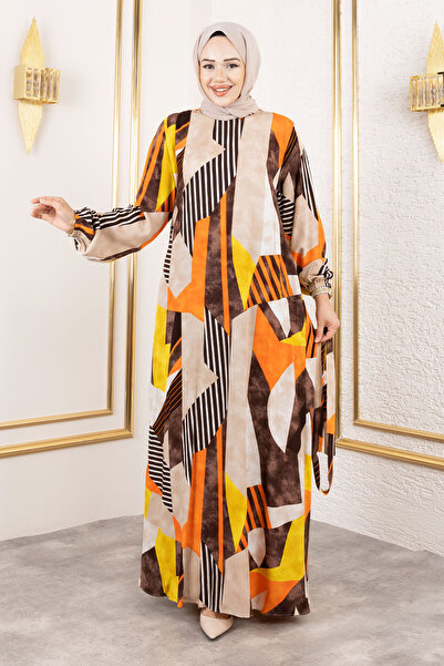 Tesettür Dünyası Geometric Patterned Viscose Long Hijab Dress with Belted Waist Tsd250213 Orange