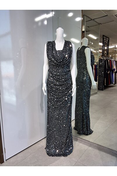 Butik PAYETLİ DRAPE YAKA UZUN BATTAL ABİYE