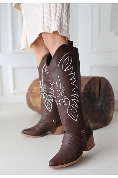 FTT SHOPPING MARKET Jilla Brown Leather Plug-In Heeled Boots