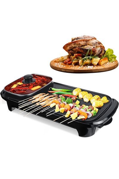 Cyber Electric Baking Pan 2 in 1 Hot Pot Grill, Hot Pot Frying Pan Non-Stick with Temperature Adjustments