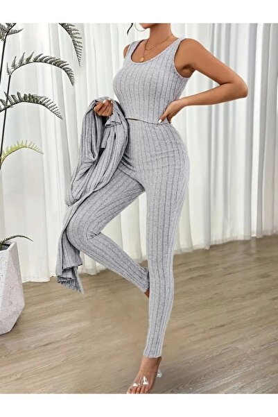 MetuCA Women's Round Neck Strap Crop Blouse High Waist Leggings and Long Cardigan Shardonlu Camisole Three-Piece Suit
