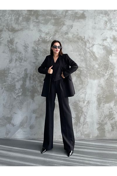 Moda İkra Jacket Vest Palazzo Pants Striped 3-Piece Suit