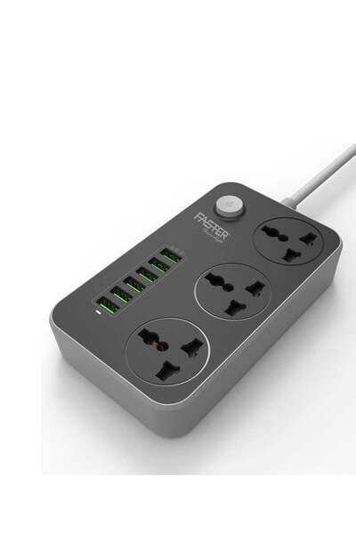 Faster Power Strips Extension Cord 3 Outlets, Power Socket with 6 Quick USB (5V 3.4A 17W)