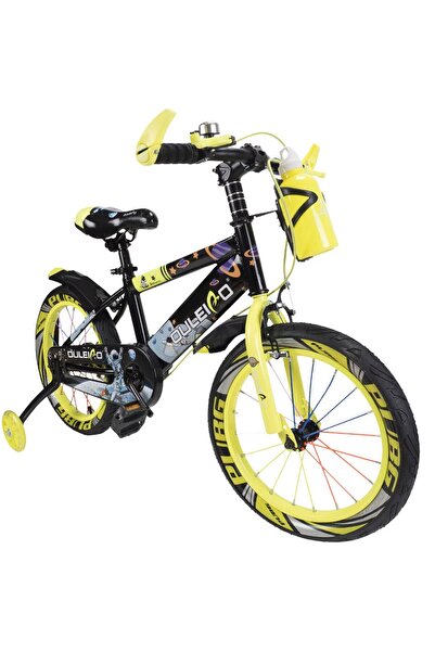 JHT Bicicletă pentru copii 5-7 ani cu roți de antrenament și bidon de apă, 16 inch, galbenă