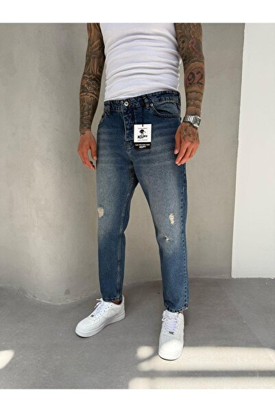 KağanKY جينز بوي فريند بالليزر مغسول باللون الداكن