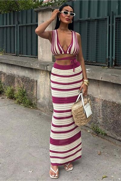 RICHMOST Striped Detailed Bikini Top and Skirt Knitwear Set (2 Pieces) Plum - Ecru