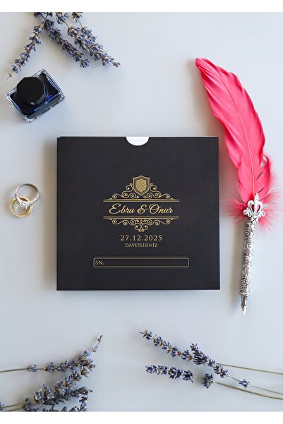 Pixel Davetiye 50 Adet Siyah Düğün Davetiye Altın Yaldızlı-Düğün-Nişan-Kına-Sünnet Davetiyesi-2008