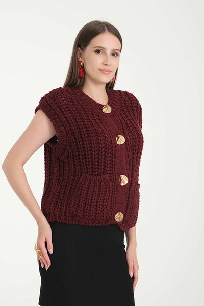 İLKCET MODA Crew Neck Soft Textured Pocket Buttoned Knitwear Vest