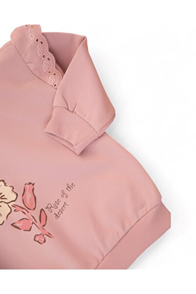 Ege Bebek Girl's Rose Printed Sleeve Ruffle Detail, Seasonal Stylish Suit with Rose Printed Ribbed Leggings for Ages 2-6