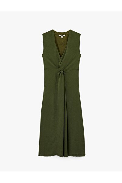 Koton Aerobin Fabric V-Neck Sleeveless Double-Breasted Midi Length Dress