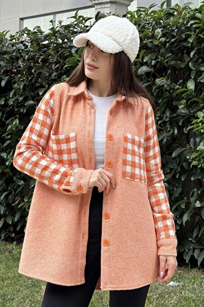 STİLVİA قميص نسائي برتقالي بجيب مزدوج، نمط مرقع منقوش، مقاس مريح، قميص مخيط