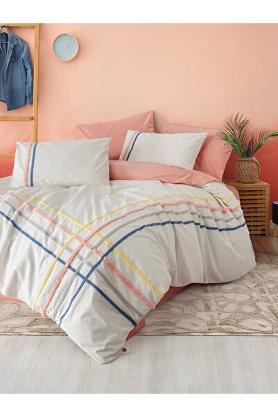 Cotton Box Puff Embroidered Double Duvet Cover Set Linea Salmon