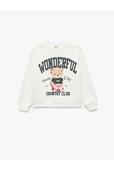 Koton Long Sleeve Crew Neck Hooded Teddy Bear Printed Sweatshirt