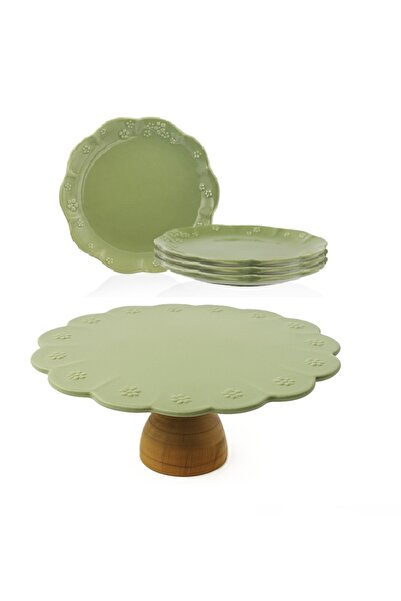Soframore Fiori 5 Parça Ahşap Ayaklı Kek Stand (30cm), Sunum Ve Pasta Tabak (...