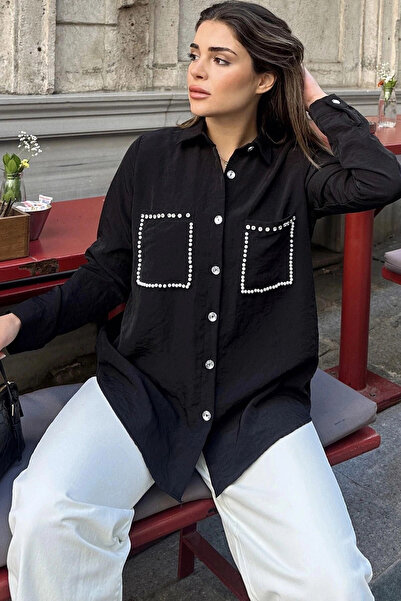 STİLVİA قميص نسائي مزين باللؤلؤ الأسود، جيب مزدوج، ظهر مطوي، مقاوم للتعرق، قم...