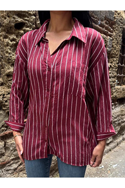 STİLVİA Burgundy Striped Oversize Buttoned Shirt