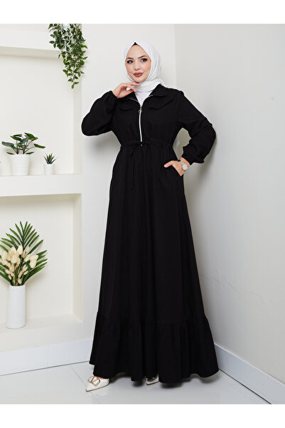 EFSUN MODA ÖNÜ FERMUARLI CEO DETAYLI SİYAH KOT ELBİSE TESETTÜR