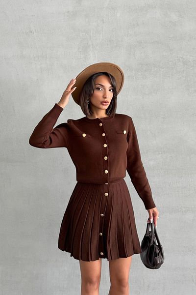 Lusin Women's Brown Button Detailed Cardigan Skirt Double Knitwear Suit S/M (New Color)