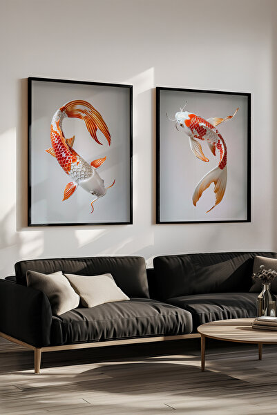STARYUNA Set de pictură dublă minimalistă cu pește japonez cu rama din lemn negru Yuna335