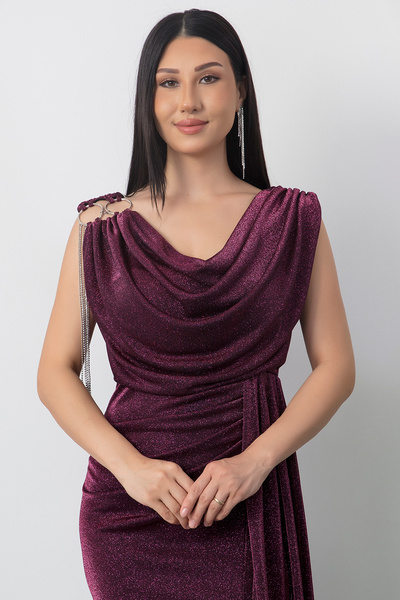 PULLIMM Glittery Degaje Collar Dress with Shoulder Accessories 39878