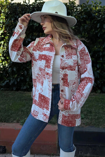 STİLVİA قميص نسائي من قماش الجبردين المنقوش باللون الأحمر، قصة بيضاوية على ال...