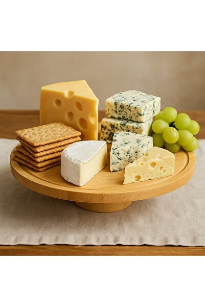 İnterlife Round Bamboo Stand Footed Cake Fruit Cheese Presentation Serving Plate 24 cm