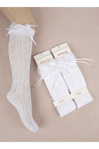 Katamino Girl's 2-Piece White Bow Ribbon Knee Socks, School, Nursery, Kindergarten