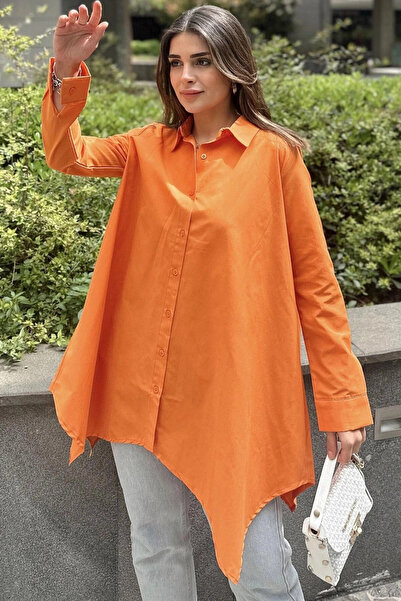 STİLVİA قميص نسائي برتقالي غير متماثل، كم طويل، قميص تونيك قطني فضفاض