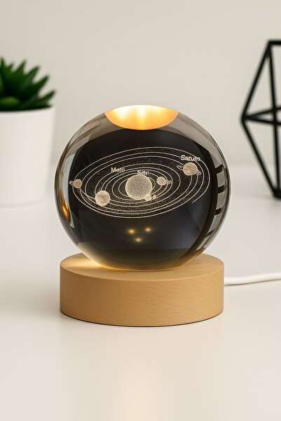 HediyeFilesi 3D Güneş Sistemi Kristal Gün Işığı Led Gece Lambası – USB'li Ahşap Standlı LED Masa - Gece Lambası