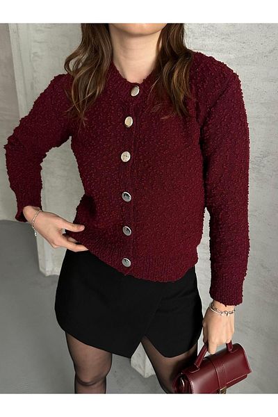 FERZOLAİO Textured Burgundy Knitwear Cardigan with Gold Buttons