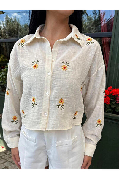 STİLVİA A.Sari Floral Embroidered Short Cotton Shirt