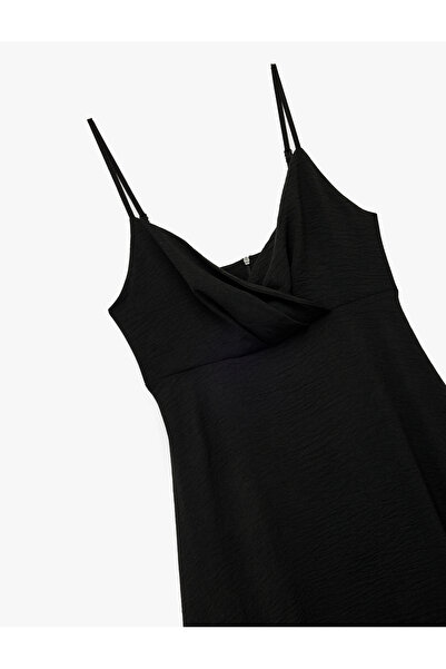 Koton Aerobin Kumaş Bol Kalıp A Kesim Kruvaze Yaka İnce Askılı Midi Boy Elbise