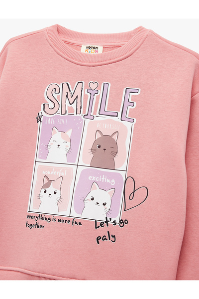 Koton Uzun Kollu Bisiklet Yaka Şardonlu Kedi Baskılı Sweatshirt