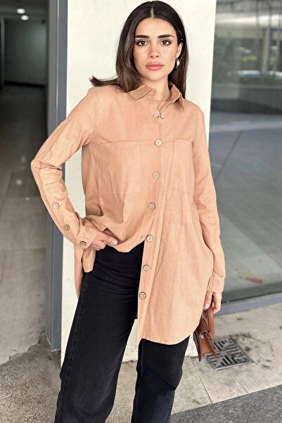 STİLVİA قميص نسائي بني بأكمام طويلة، مزين بأزرار خشبية، مطوي من الخلف، فضفاض ...