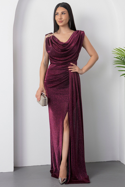 PULLIMM Glittery Degaje Collar Dress with Shoulder Accessories 39878