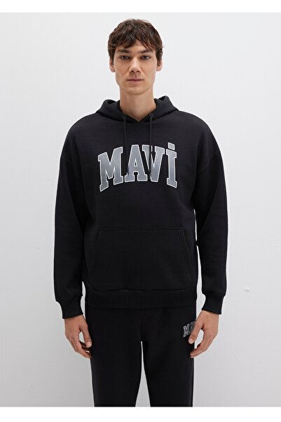 Mavi logo baskılı kapüşonlu oversiz (geniş kesim) sweatshirt