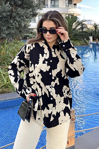 STİLVİA Women's Black Long Sleeve, Back Pleated, Loose Flowing, Viscose Shirt