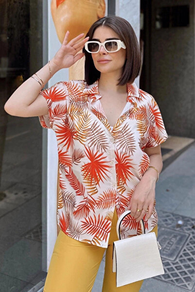 STİLVİA ياقة كلاسيكية برتقالية، كم قصير، قماش مطبوع رقمي، مقاس/قطع عادي، قميص