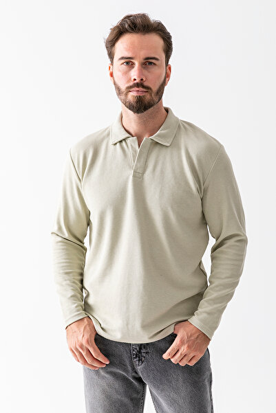 JB John Borners Ανδρικό φούτερ με γιακά πόλο με υφή βαμβακερό παλαίωσε πράσινο - 25K 1099