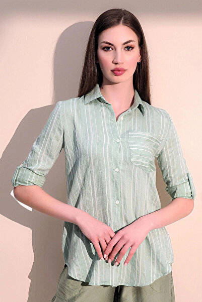 STİLVİA Women's Green Long Sleeve Special Fabric Single Pocket Shirt Upright ...