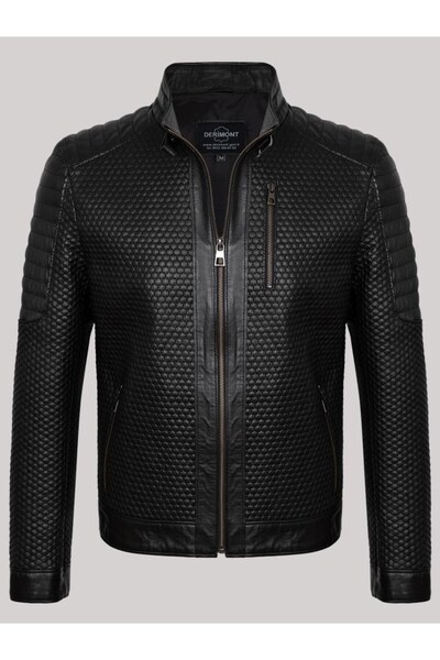 DeriWork Genuine Lambskin Black Men's Leather Coat Honeycomb Pattern Leather Jacket